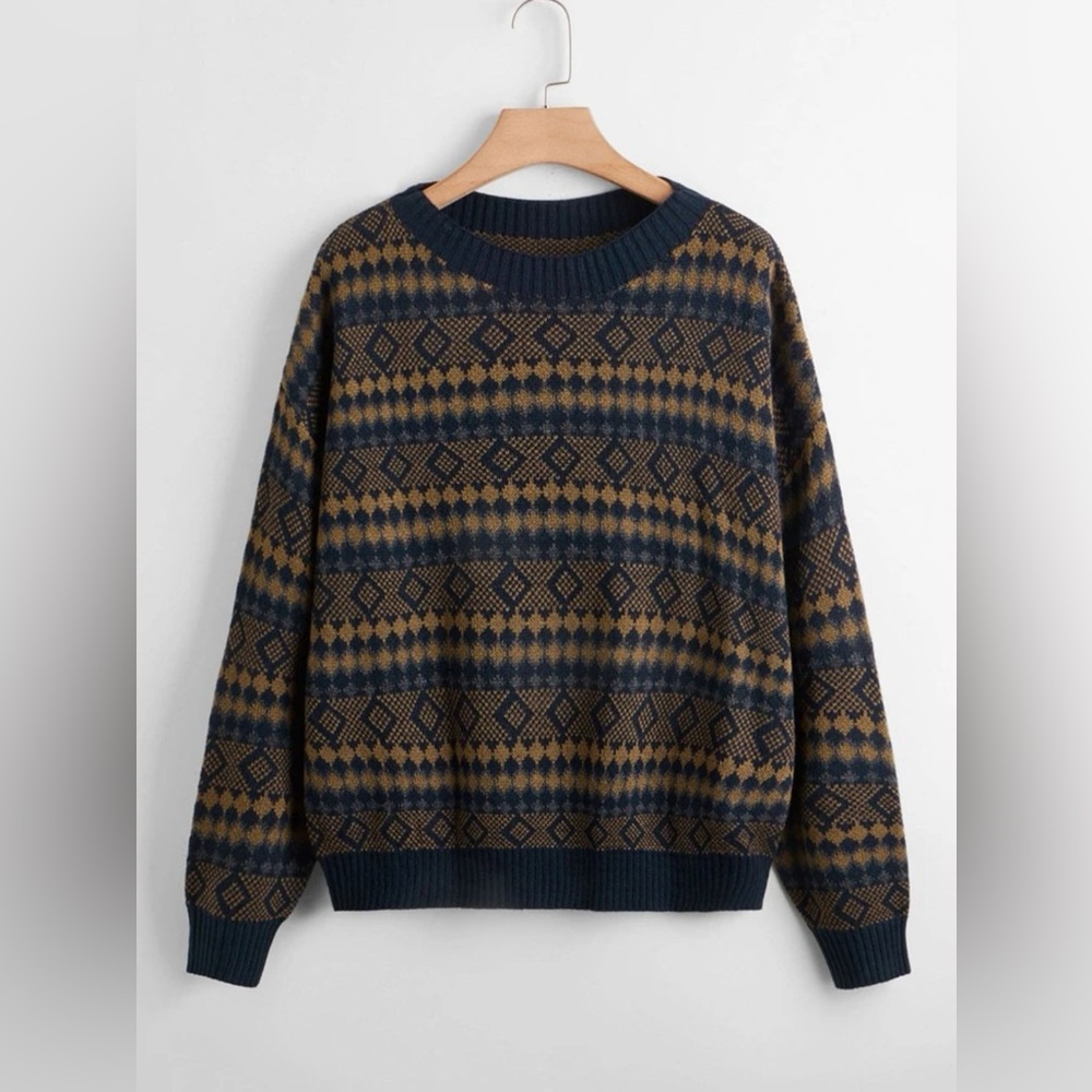 Drop Shoulder Argyle Pattern Sweater